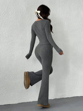 2pcs Women Fitted Long Sleeve Round Neck Casual Top And Long Pants Set, Solid Color